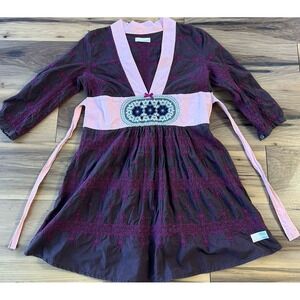 Odd Molly Uncooperative Dress Size 2 Brown Pink Embroidered Tie Waist Boho